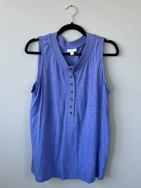 J. Jill Blue Sleeveless Henley Tank Top Size L Flowy Cotton Modal